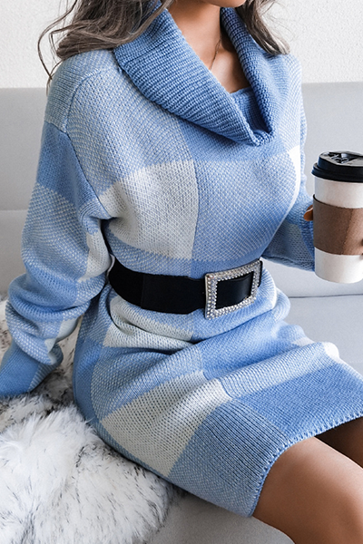 Casual Plaid Split Joint Contrast Turtleneck Pencil Skirt Dresses Sweater (Without Belt)