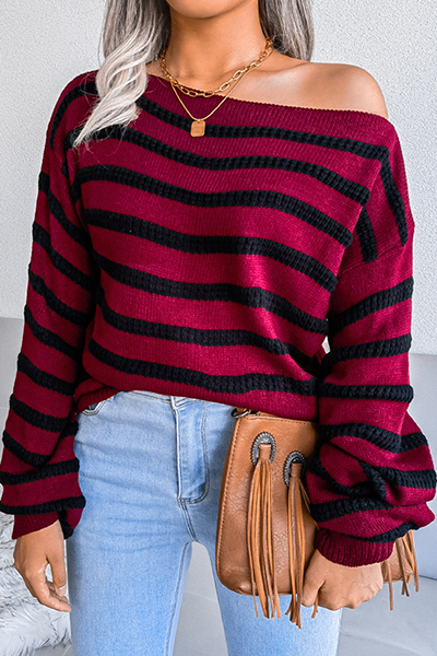 Casual Striped Patchwork Contrast Off the Shoulder Tops