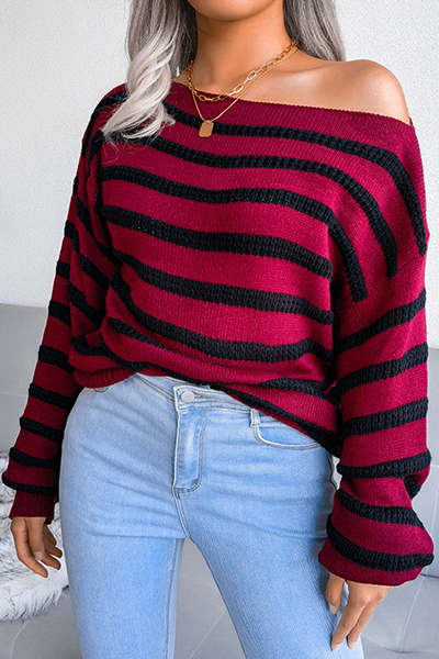 Casual Striped Patchwork Contrast Off the Shoulder Tops