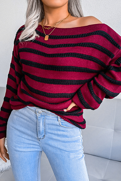 Casual Striped Patchwork Contrast Off the Shoulder Tops