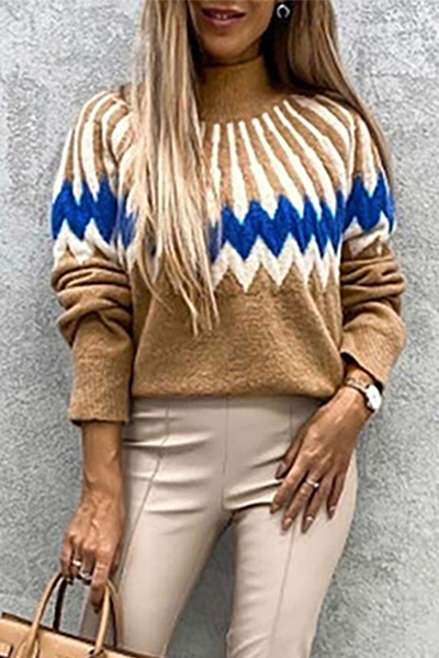 Casual Geometric Split Joint Contrast Turtleneck Tops(4 Colors)