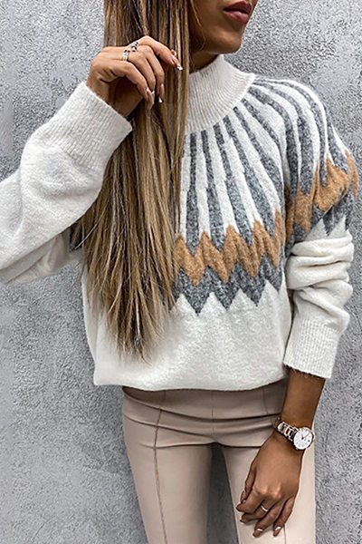 Casual Geometric Split Joint Contrast Turtleneck Tops(4 Colors)