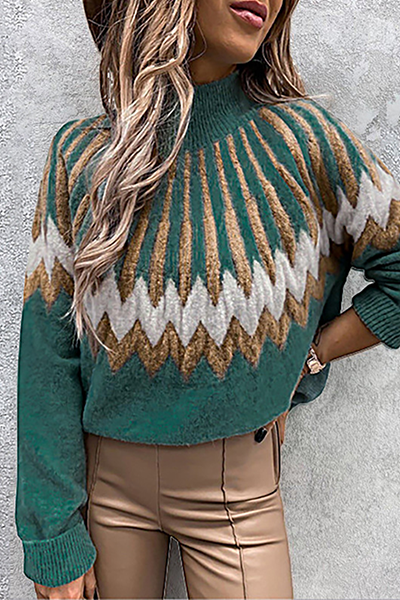 Casual Geometric Split Joint Contrast Turtleneck Tops(4 Colors)