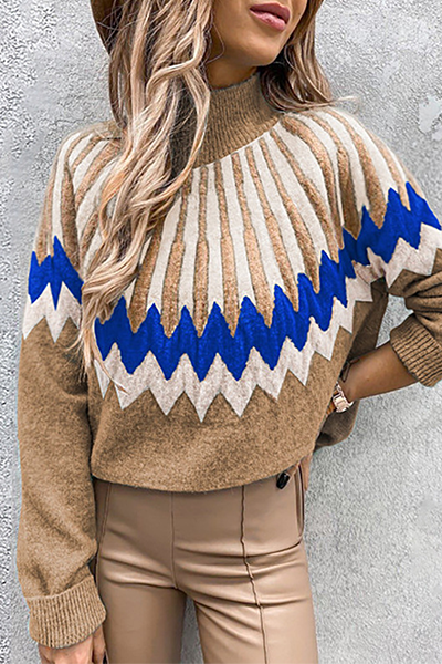 Casual Geometric Split Joint Contrast Turtleneck Tops(4 Colors)