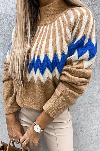 Casual Geometric Split Joint Contrast Turtleneck Tops(4 Colors)