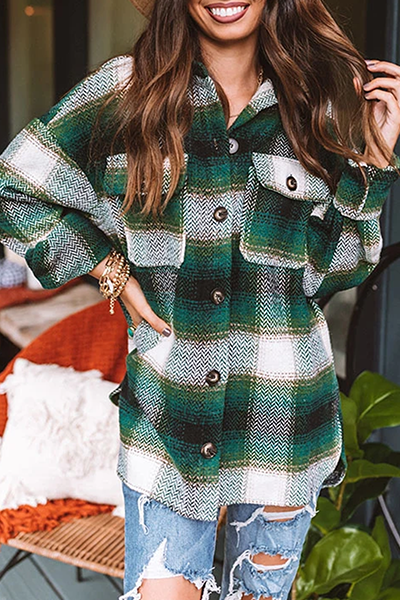 Casual Plaid Pocket Buckle Turndown Collar Outerwear(3 Colors)
