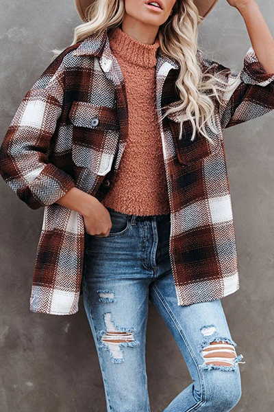 Casual Plaid Pocket Buckle Turndown Collar Outerwear(3 Colors)