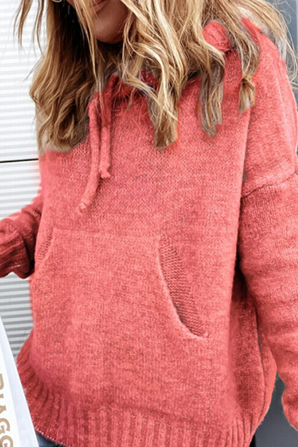 Casual Solid Draw String Pocket Hooded Collar Tops(8 Colors)