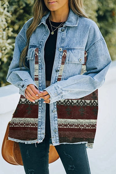 Fashion Casual Geometric Pocket Buckle Turndown Collar Outerwear