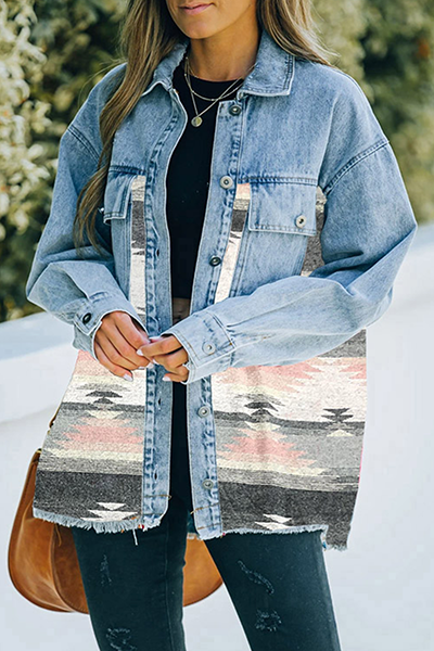 Fashion Casual Geometric Pocket Buckle Turndown Collar Outerwear