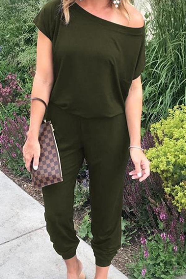 Casual Solid Patchwork Basic Oblique Collar Jumpsuits(8 Colors)
