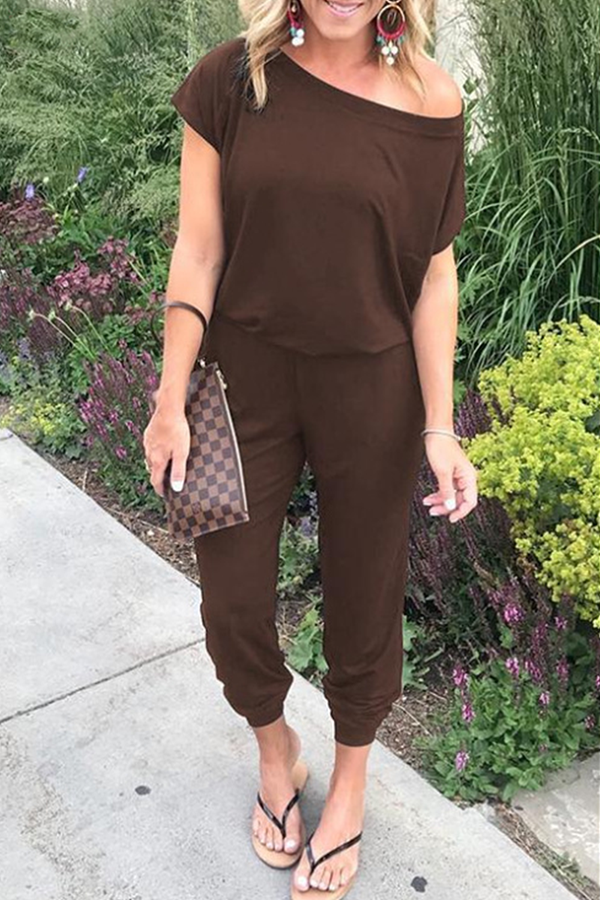 Casual Solid Patchwork Basic Oblique Collar Jumpsuits(8 Colors)