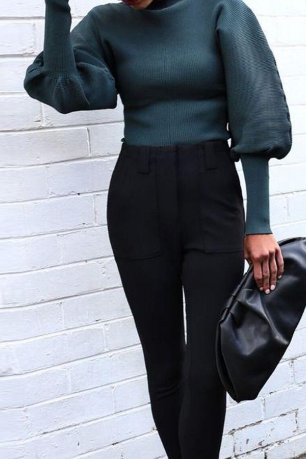 Casual Solid Patchwork Turtleneck Tops Sweater