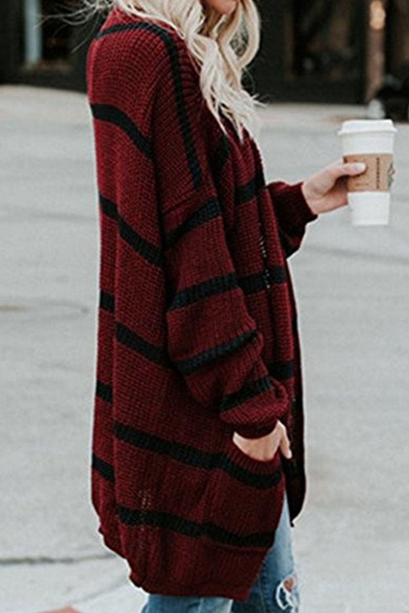 Fashion Striped Patchwork Cardigan Collar Outerwear