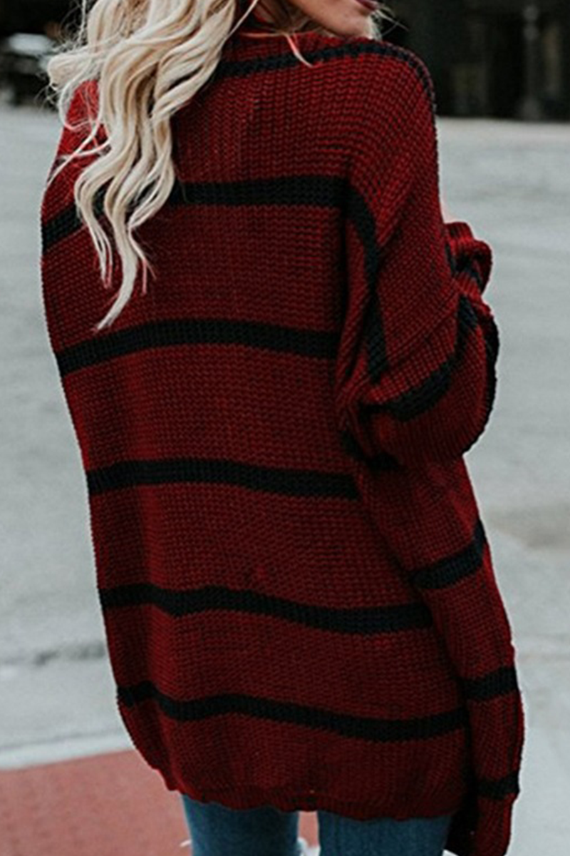 Fashion Striped Patchwork Cardigan Collar Outerwear