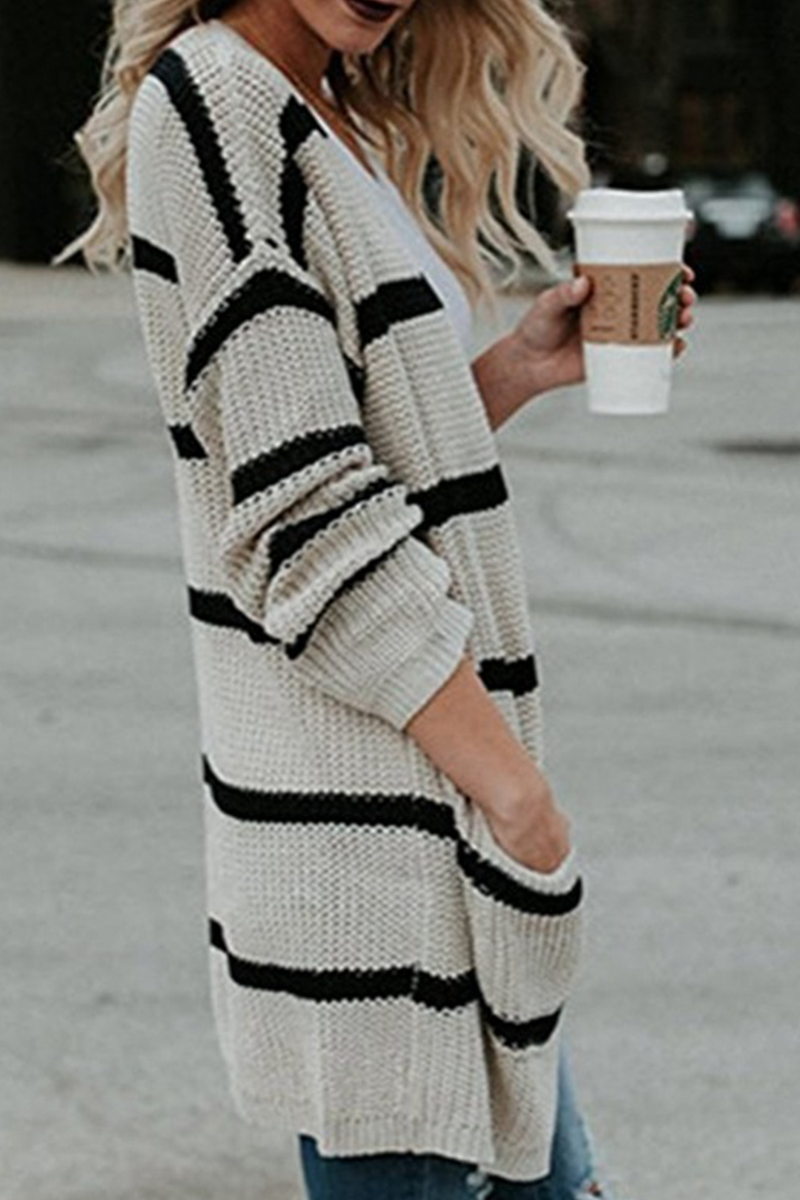Fashion Striped Patchwork Cardigan Collar Outerwear