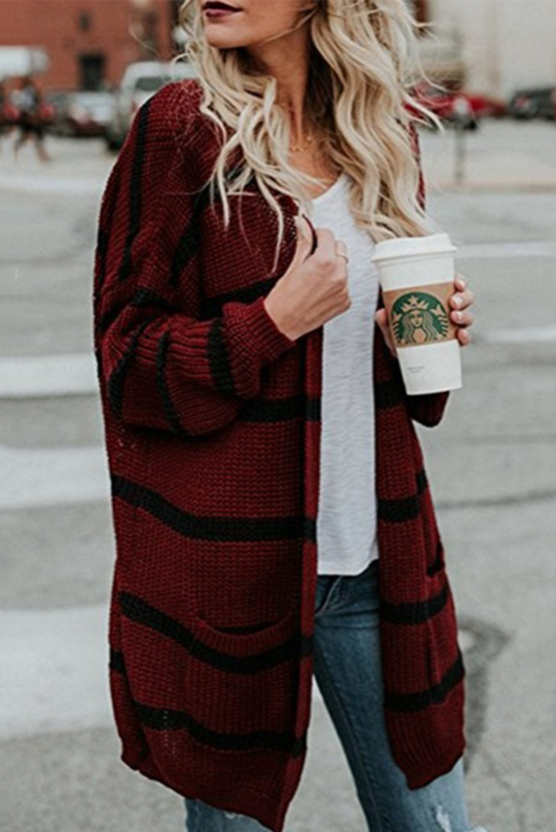 Fashion Striped Patchwork Cardigan Collar Outerwear