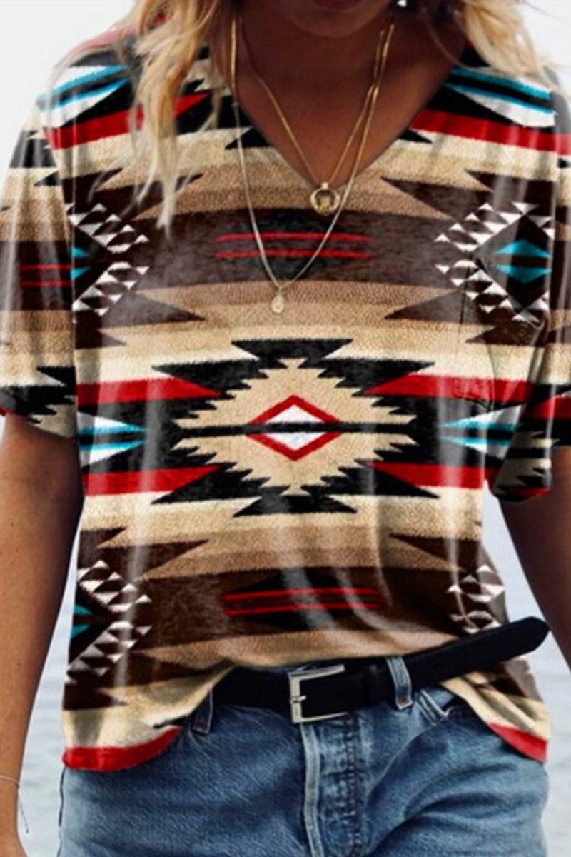 Casual Print Patchwork V Neck T-Shirts(5 Colors)
