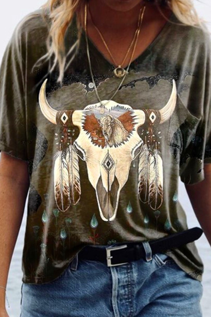 Casual Print Patchwork V Neck T-Shirts(5 Colors)