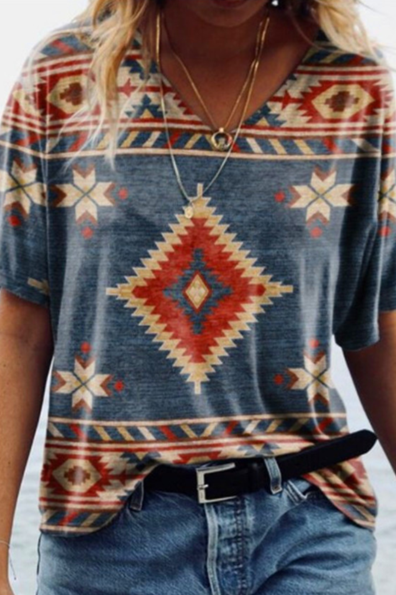 Casual Print Patchwork V Neck T-Shirts(5 Colors)
