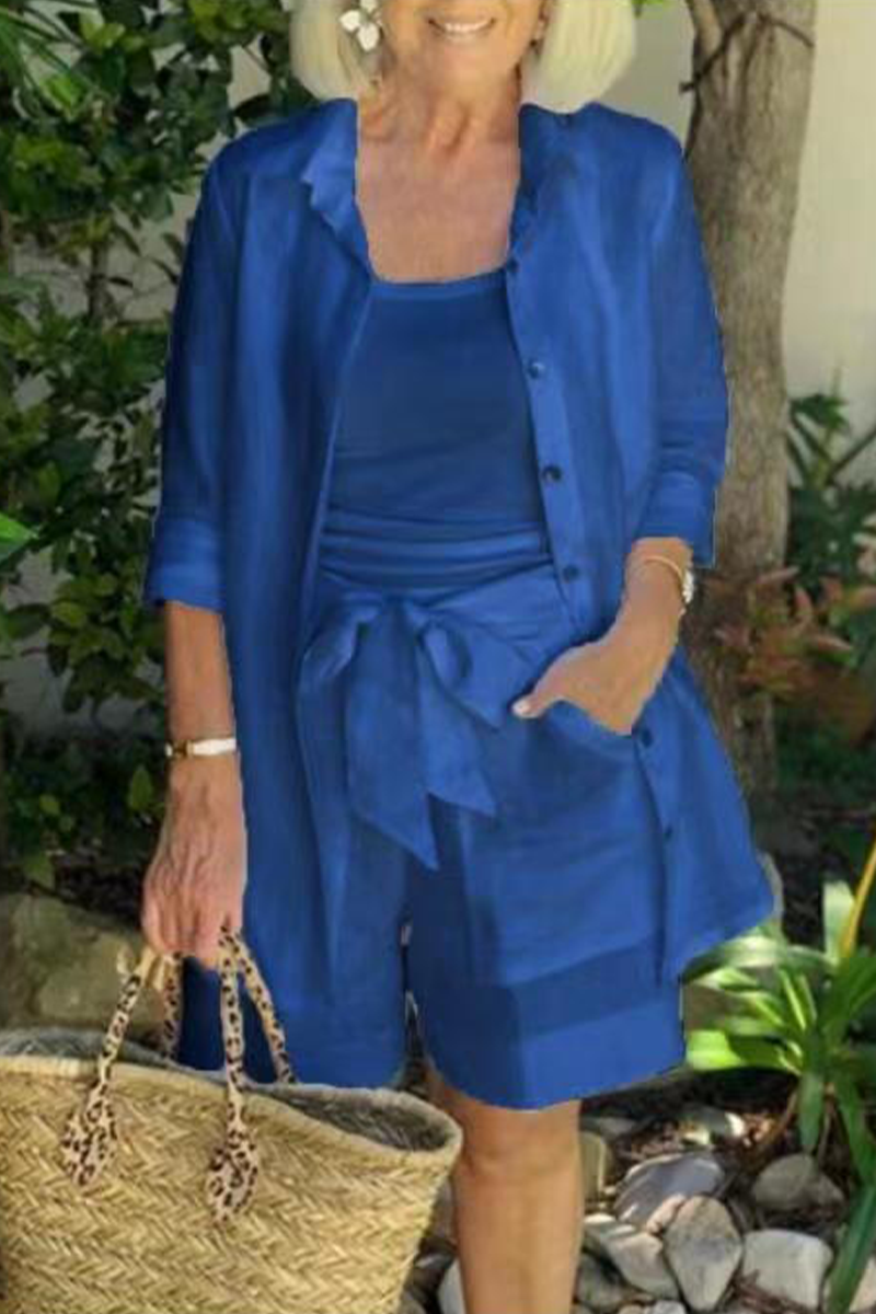 Casual Solid Patchwork Turndown Collar Three Quarter Two Pieces(4 colors)