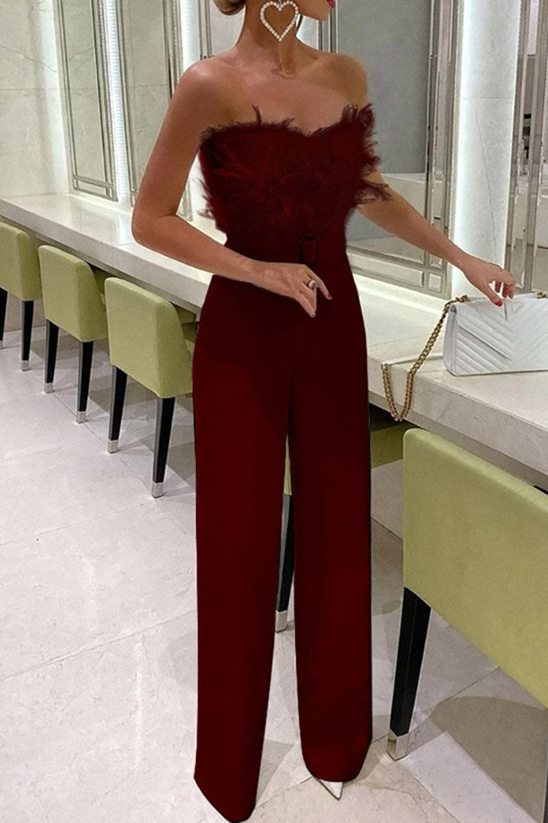 Sexy Solid Patchwork Feathers With Belt Strapless Straight Jumpsuits(Contain The Belt)(5 Colors)
