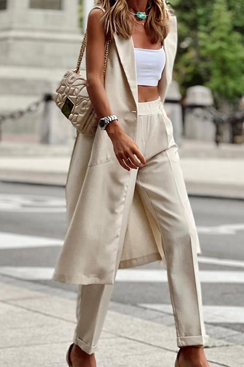 Casual Solid Patchwork Buckle Turn-back Collar Sleeveless Two Pieces