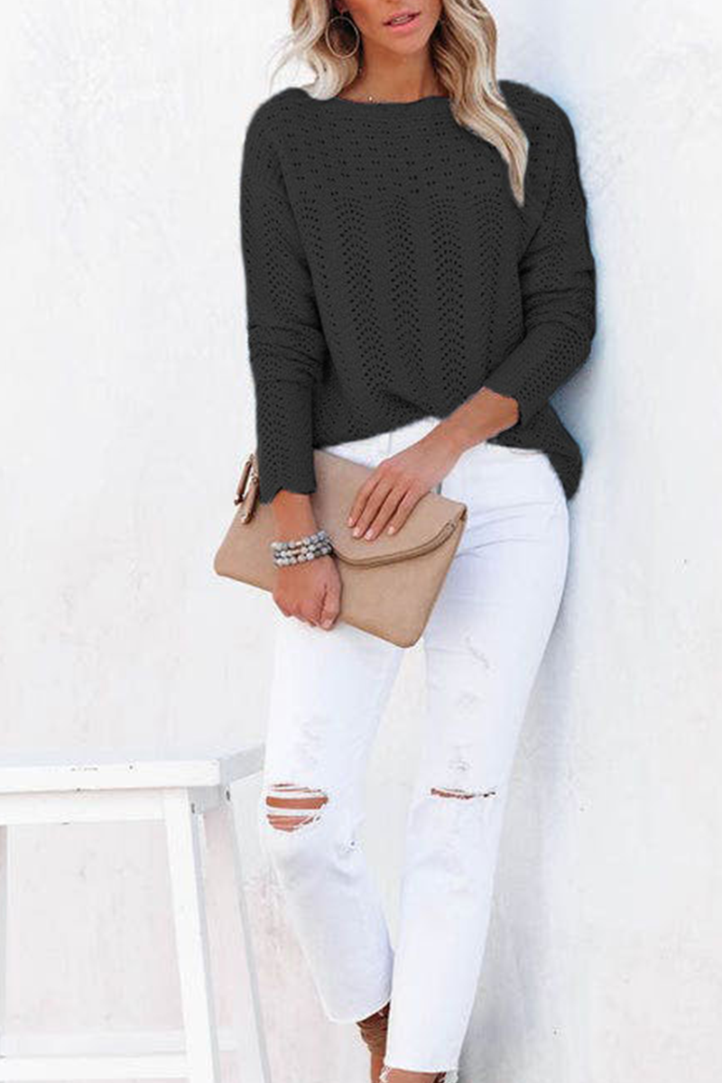 Casual Solid Hollowed Out Patchwork O Neck Sweaters(7 Colors)