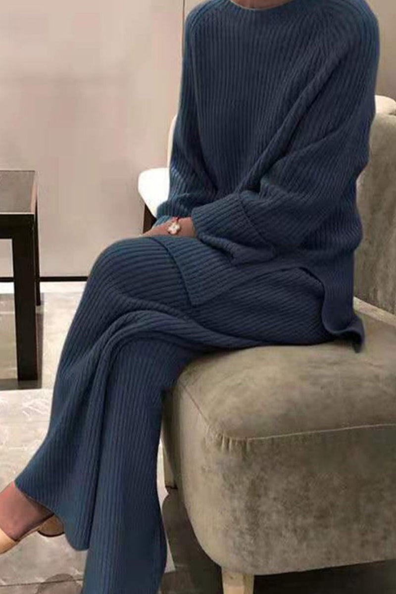 Casual Solid Solid Color O Neck Long Sleeve Two Pieces(5 Colors)