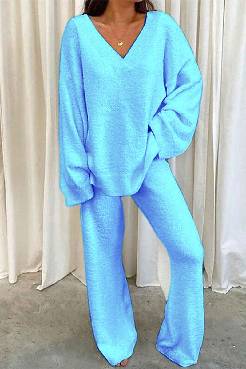 Casual Loose Solid Color V Neck Two Pieces(5 Colors)