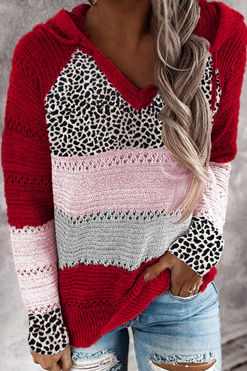 Wisherryy Fashion Hooded Leopard Stitched Knit Sweater(8 Colors)