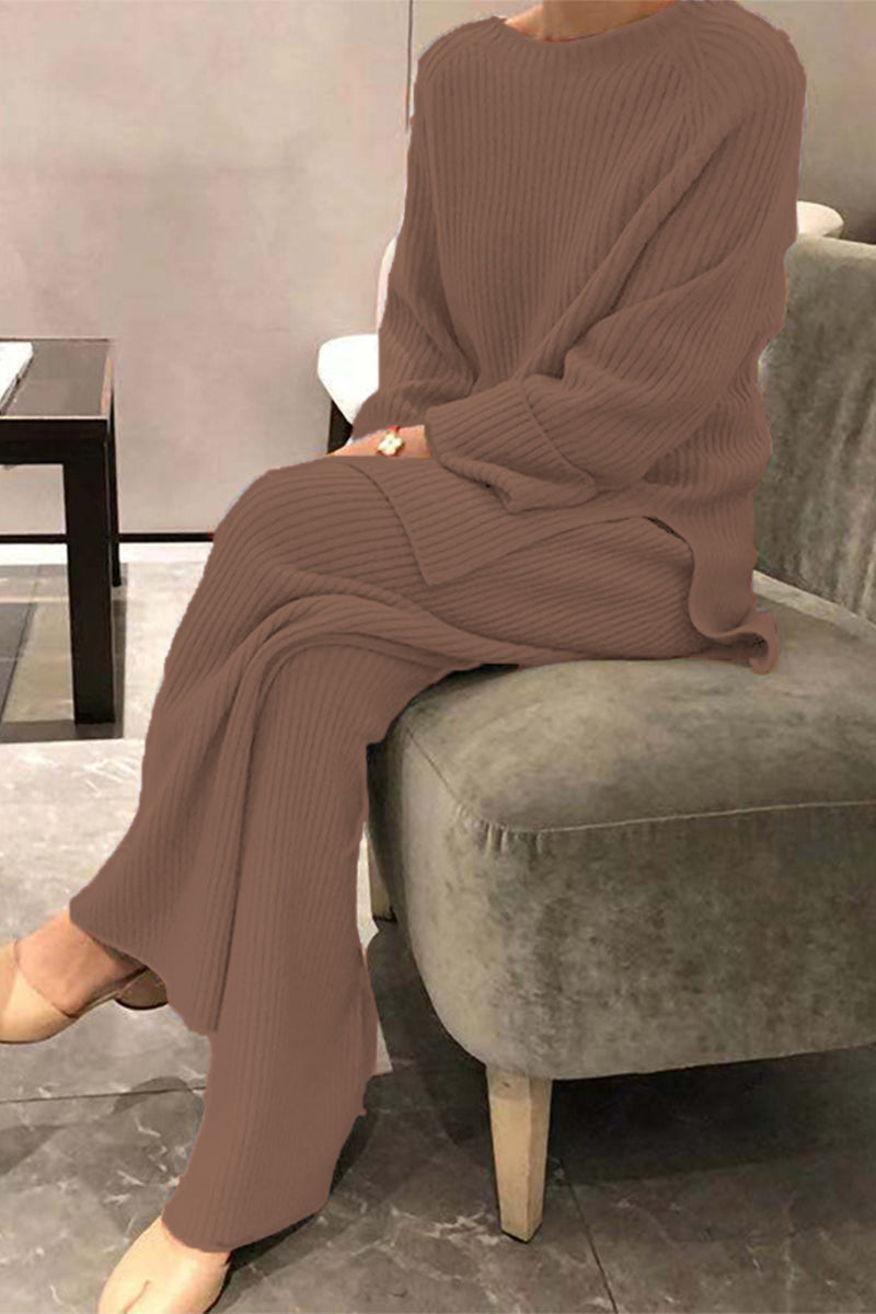 Casual Solid Solid Color O Neck Long Sleeve Two Pieces(5 Colors)