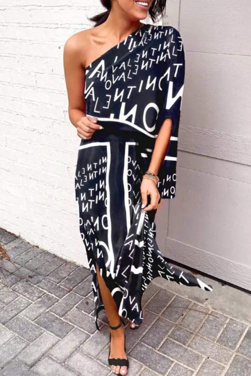 Casual Vacation Print Patchwork Oblique Collar Irregular Dress Dresses(17 Colors)