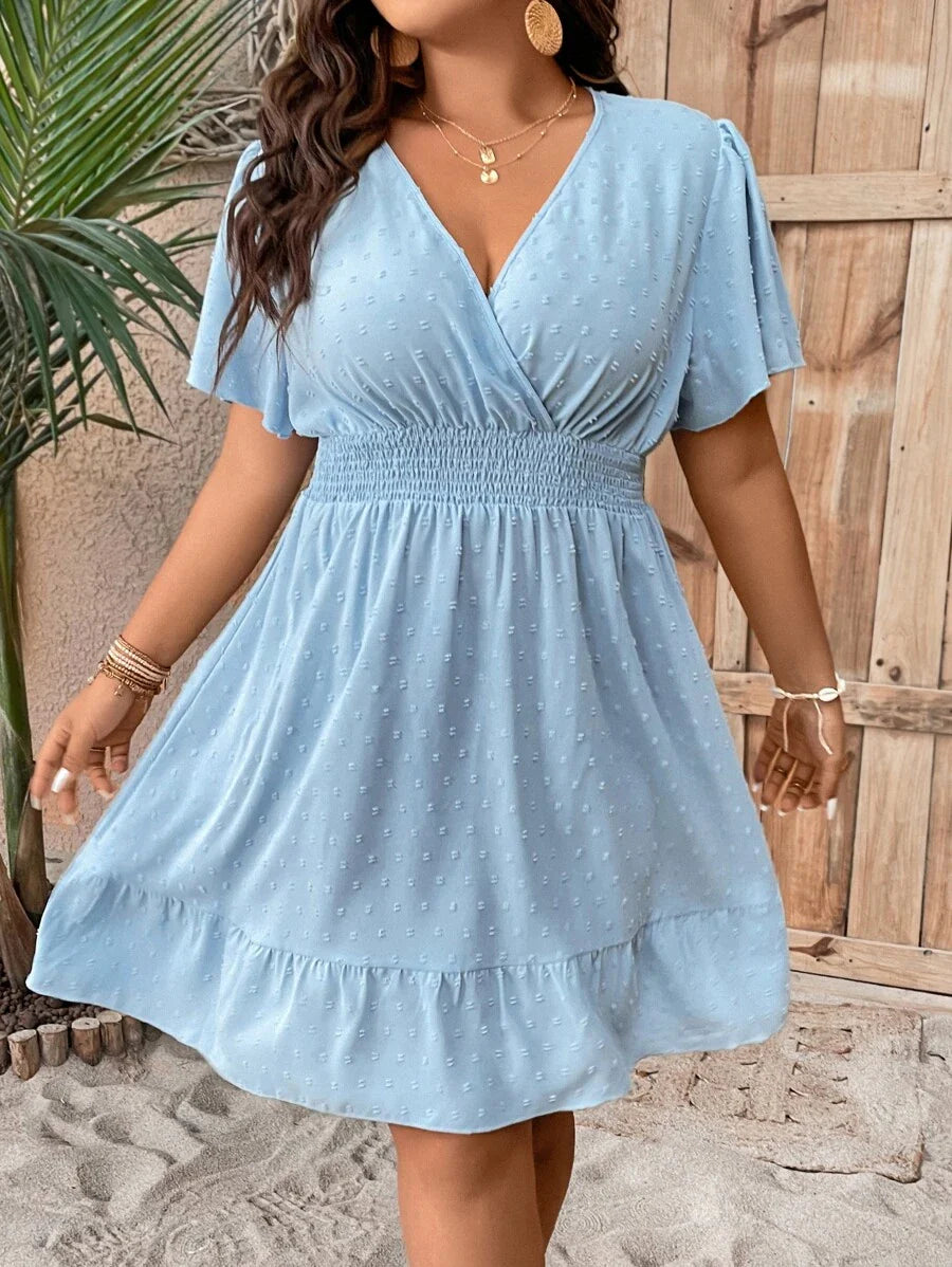 Plus Size V Neck Ruffle Dress With Cinched Waist Fit