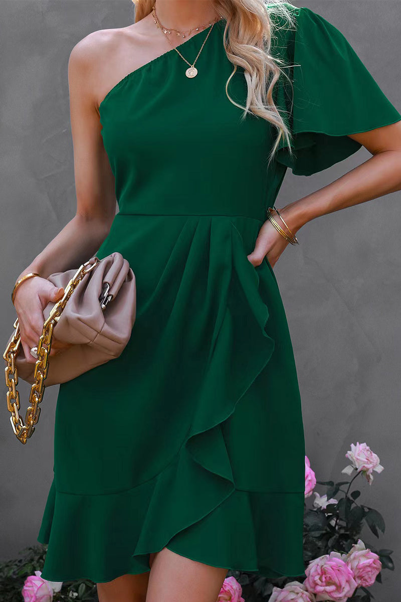 Street Simplicity Solid Flounce Oblique Collar Irregular Dress Dresses(3 Colors)
