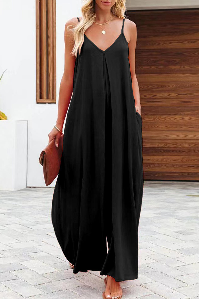 Casual Solid Solid Color V Neck Loose Jumpsuits(6 Colors)