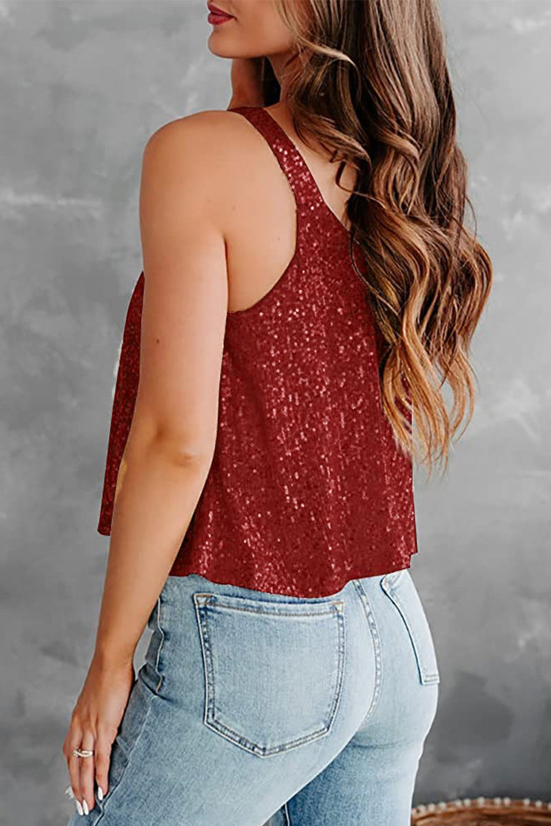 Sexy Casual Solid Sequins O Neck Camis(7 Colors)