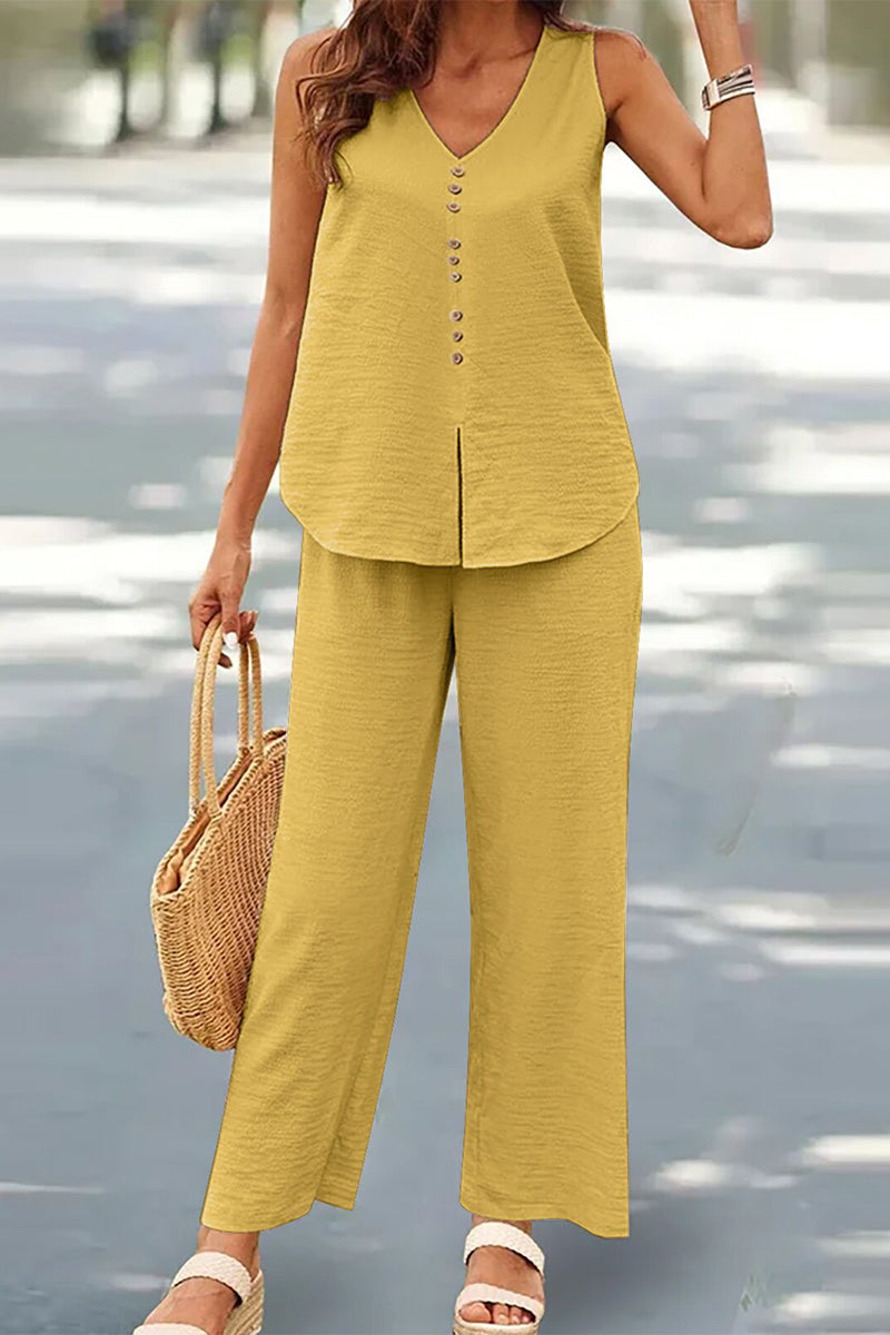 Casual Buttons V Neck Sleeveless Two Pieces(17 Colors)