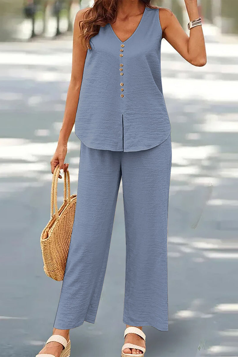 Casual Buttons V Neck Sleeveless Two Pieces(17 Colors)