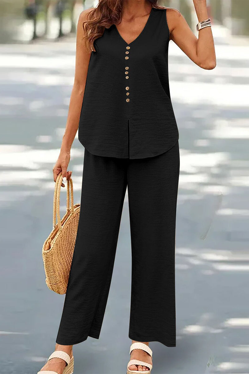 Casual Buttons V Neck Sleeveless Two Pieces(17 Colors)