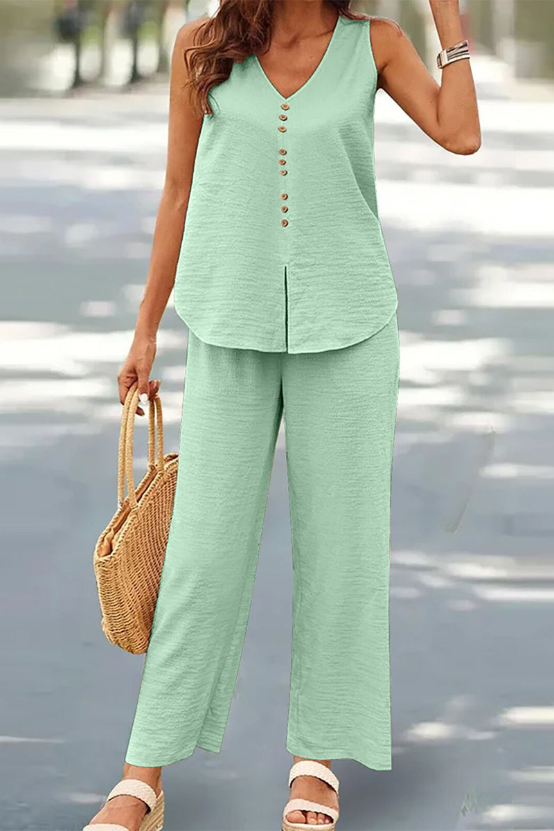 Casual Buttons V Neck Sleeveless Two Pieces(17 Colors)
