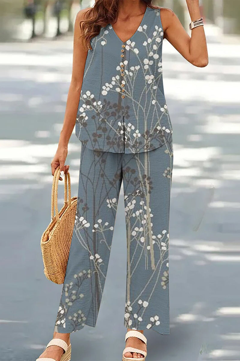Casual Buttons V Neck Sleeveless Two Pieces(17 Colors)