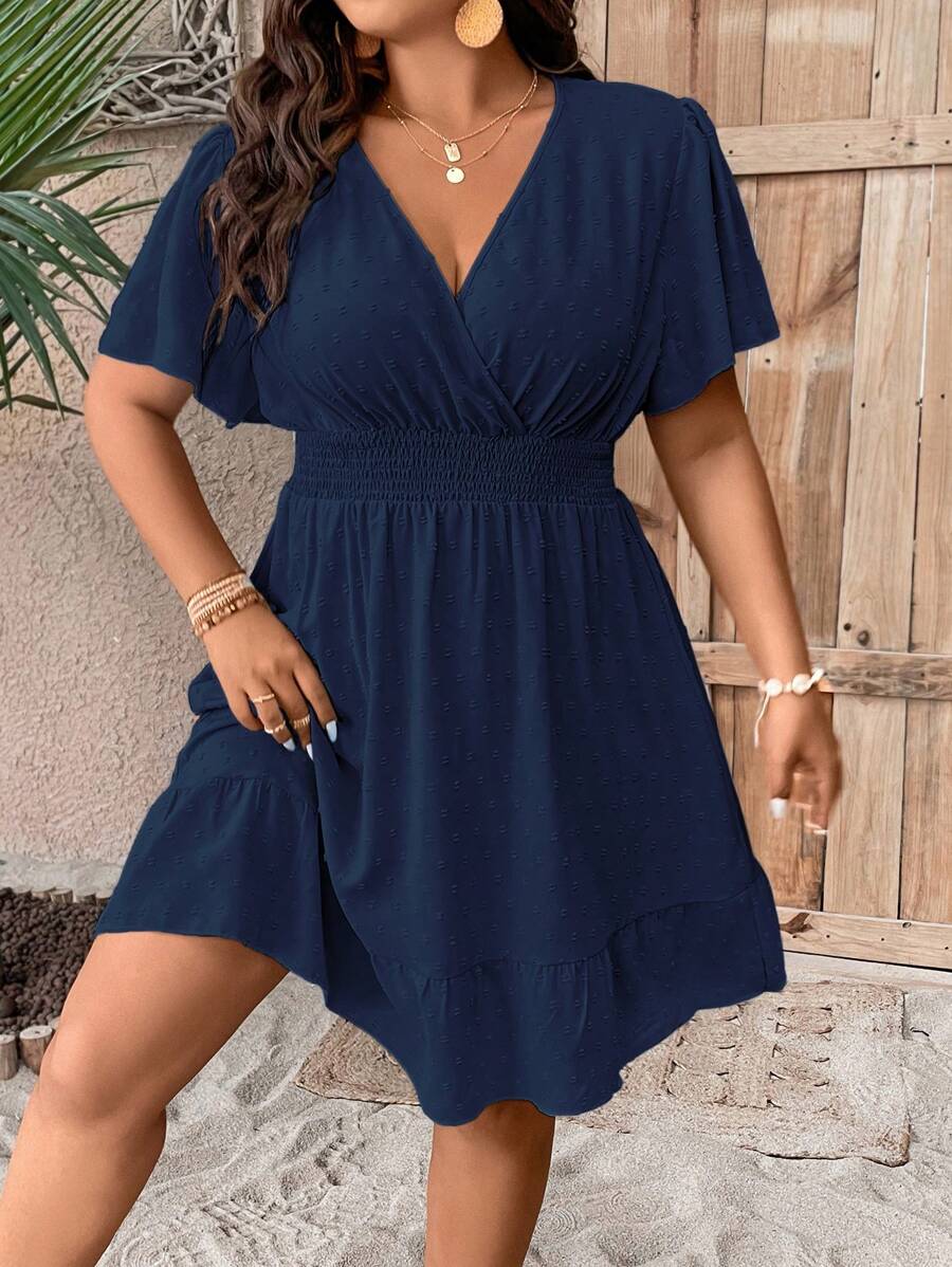 Plus Size V Neck Ruffle Dress With Cinched Waist Fit