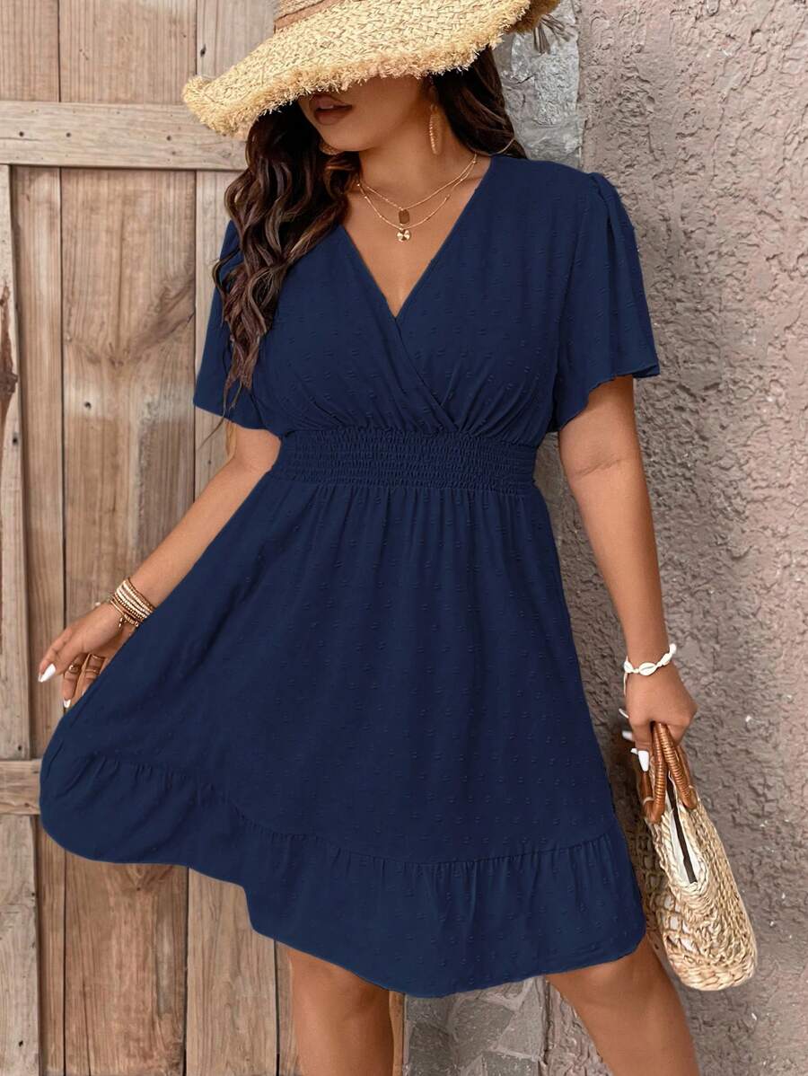 Plus Size V Neck Ruffle Dress With Cinched Waist Fit