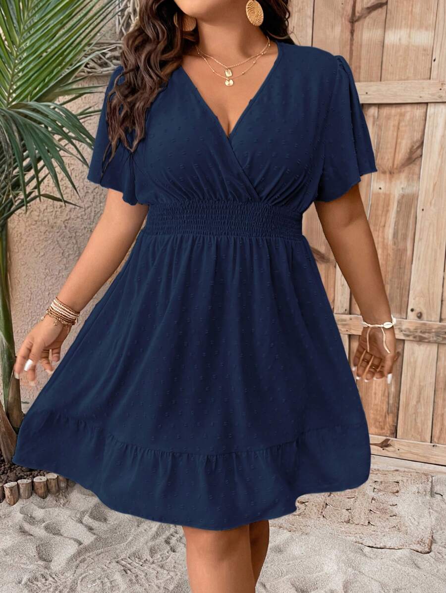 Plus Size V Neck Ruffle Dress With Cinched Waist Fit