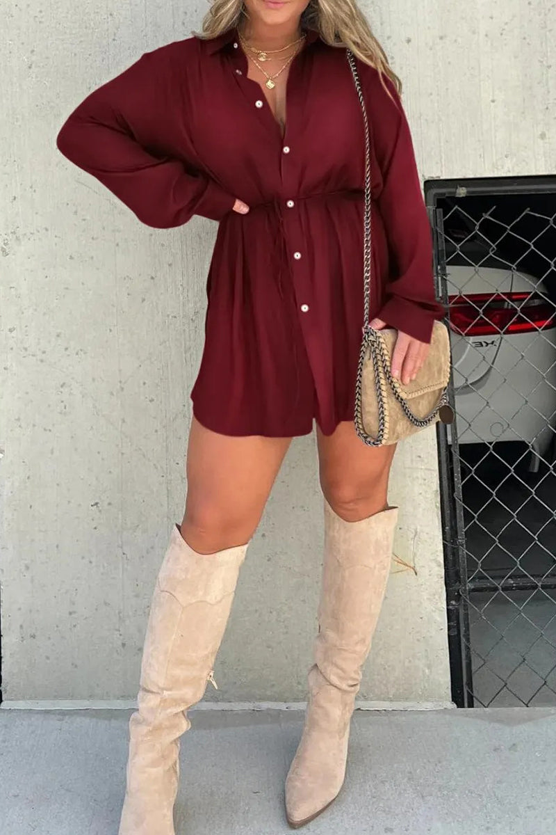 Casual Solid Frenulum Turndown Collar Long Sleeve Two Pieces(7 Colors)