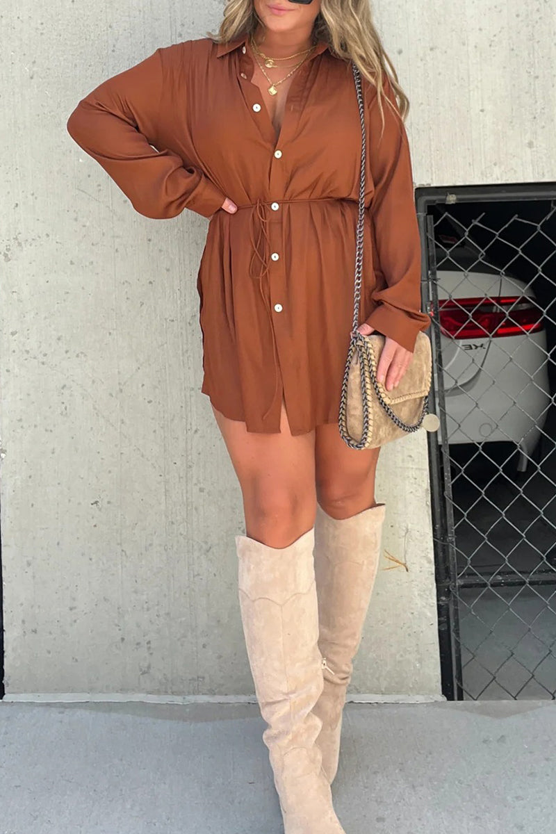Casual Solid Frenulum Turndown Collar Long Sleeve Two Pieces(7 Colors)