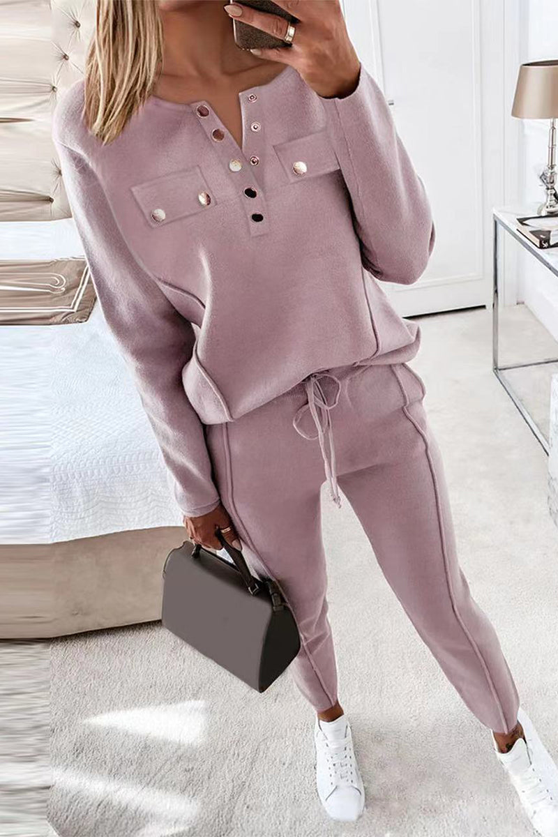 Casual Buckle Solid Color V Neck Long Sleeve Two Pieces(3 Colors)