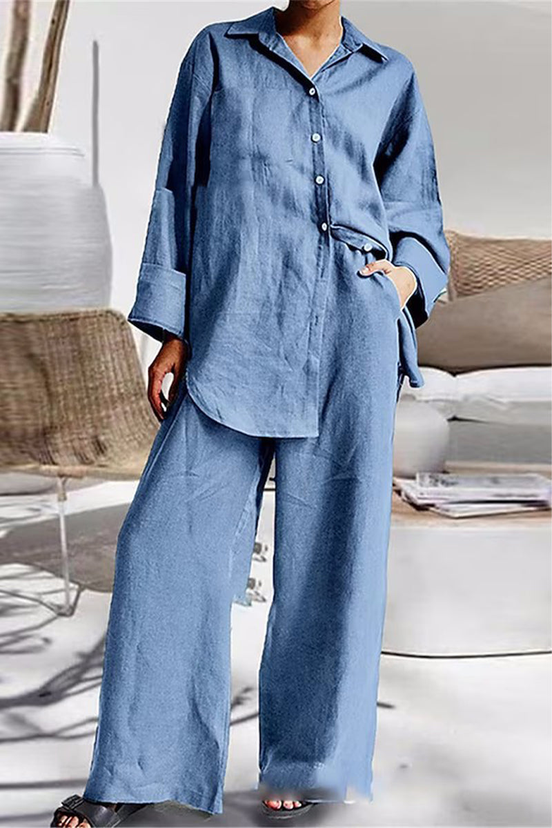 Casual Simplicity Solid Pocket Turndown Collar Long Sleeve Two Pieces(6 Colors)
