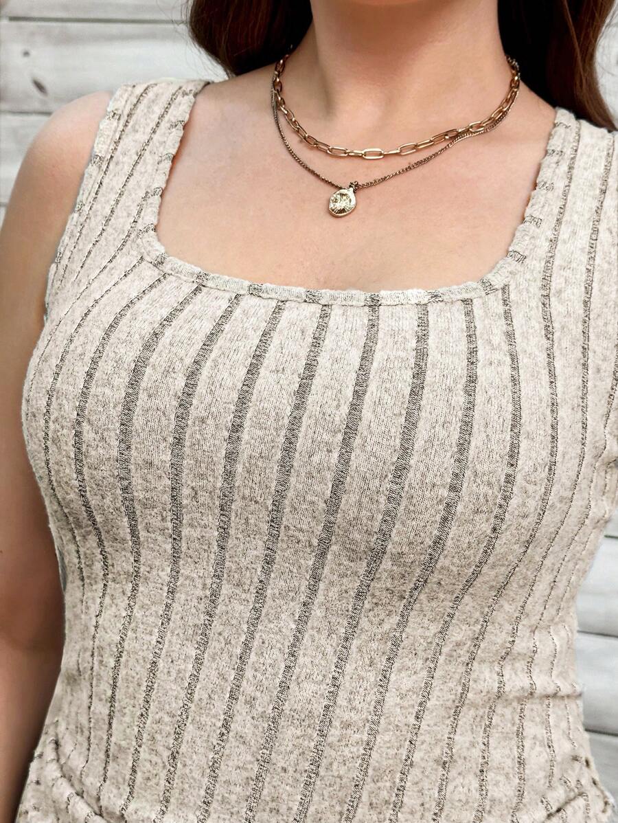 Plus Size Apricot Square Neck Ribbed Tank Top Comfort